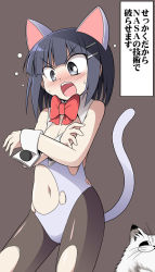 Rule 34 | 1girl, animal ears, bad id, bad pixiv id, black eyes, black hair, blush, bow, bowtie, cat, cat ears, cat tail, collar, covering privates, flat chest, hair ornament, hairclip, ichinose ichino, navel, official art, open mouth, pantyhose, ribbon, serebi ryousangata, short hair, solo, surprised, tail, tonnura, tonnura-san, torn clothes, torn pantyhose, translated, wrist cuffs