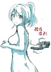 Rule 34 | 10s, 1girl, 2015, ass, ayase eli, back to the future, birthday, breasts, butt crack, car, completely nude, dated, delorean, electricity, gullwing doors, high ponytail, looking at viewer, looking back, love live!, love live! school idol project, motor vehicle, nude, ponytail, scrunchie, short hair, simple background, sketch, smile, solo, spot color, tata (tataice), upper body, white background