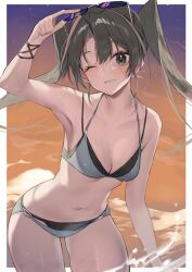 Rule 34 | 1girl, absurdres, alternate costume, bikini, breasts, cleavage, cowboy shot, gradient sky, green eyes, green hair, grey bikini, highres, kantai collection, layered bikini, long hair, looking at viewer, navel, one eye closed, orange sky, parted lips, picoli1313, sky, small breasts, smile, solo, sunglasses, sunset, swimsuit, twintails, water, zuikaku (kancolle)