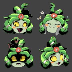 Rule 34 | 1girl, :d, ^ ^, blush stickers, closed eyes, closed mouth, colored sclera, commentary, dusa (hades), expressions, fangs, flower, flowers-imh, green hair, grey background, hades (series), hades 1, hair ornament, highres, open mouth, red pupils, simple background, smile, snake hair, sweatdrop, symbol-only commentary, tongue, variations, yellow sclera