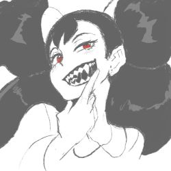 Rule 34 | 1girl, big hair, blush, creatures (company), earrings, fangs, game freak, hand up, iris (pokemon), jewelry, looking at viewer, making-of available, nintendo, nyantcha, open mouth, pokemon, pokemon bw, red eyes, saliva, sharp teeth, shirt, slit pupils, smile, solo, spot color, stud earrings, teeth, twintails, upper body