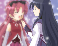 Rule 34 | 2girls, :d, akemi homura, clannad, closed eyes, elbow gloves, food, gloves, hair ribbon, happy state, kitagawa mikio, long hair, magical girl, mahou shoujo madoka magica, mahou shoujo madoka magica (anime), multiple girls, nonaka ai, open mouth, parody, pocky, red hair, ribbon, sakura kyoko, smile, sparkle, up nose, voice actor connection, | |