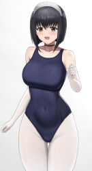 Rule 34 | 1girl, absurdres, bare shoulders, black choker, black hair, black one-piece swimsuit, blush, breasts, brown eyes, choker, collarbone, commentary request, covered navel, cowboy shot, elbow gloves, gloves, gluteal fold, grey background, hand up, highres, higofushi, large breasts, one-piece swimsuit, open mouth, original, pantyhose, pantyhose under swimsuit, short hair, simple background, smile, solo, swimsuit, thigh gap, thighs, white gloves, white headwear, white pantyhose