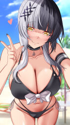 Rule 34 | 1girl, absurdres, armband, beach, bikini, black bikini, black choker, black hair, blue sky, blunt bangs, blurry, breasts, choker, closed mouth, cloud, collarbone, commentary, commission, english commentary, hair ornament, heart, highres, hololive, hololive english, large breasts, leaning, leaning forward, long hair, makudesu, navel, ocean, shiori novella, sidelocks, sky, smile, solo, standing, swimsuit, v, yellow eyes