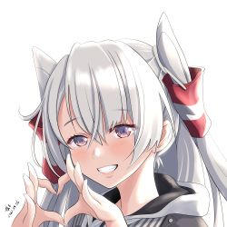 Rule 34 | 1girl, amatsukaze (kancolle), artist name, blush, brown eyes, dated, fingernails, grin, hair between eyes, hair tubes, heart, heart hands, highres, kantai collection, long hair, portrait, signature, silver hair, simple background, smile, solo, tk8d32, two side up, white background