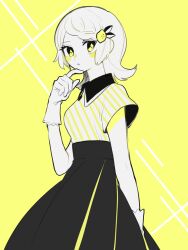 Rule 34 | + +, 1girl, blush stickers, braid, braided bangs, collared shirt, finger to own chin, flipped hair, food-themed hair ornament, gloves, hair ornament, high-waist skirt, highres, index finger raised, lemon hair ornament, long hair, looking at viewer, maco22, monochrome, original, parted lips, shirt, shirt tucked in, short sleeves, skirt, solo, yellow background, yellow eyes, yellow theme