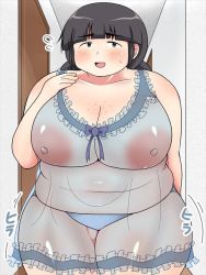 Rule 34 | 1girl, bare shoulders, black eyes, black hair, breasts, fat, female focus, freckles, huge breasts, large areolae, nightgown, nipples, no bra, obese, open mouth, original, panties, ponytail, see-through, shimejix, solo, standing, underwear
