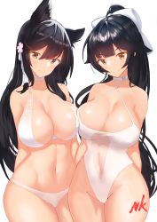 Rule 34 | 2girls, animal ears, atago (azur lane), atago (summer march) (azur lane), azur lane, bad id, bad pixiv id, bikini, black hair, blush, bow, breasts, casual one-piece swimsuit, closed mouth, commentary request, cowboy shot, criss-cross halter, dog ears, extra ears, flower, hair bow, hair ears, hair flaps, hair flower, hair ornament, halterneck, head tilt, highres, large breasts, long hair, looking at viewer, midriff, mole, mole under eye, multiple girls, navel, nikuking, one-piece swimsuit, partially visible vulva, ponytail, revealing clothes, ribbon, signature, stomach, swept bangs, swimsuit, takao (azur lane), takao (beach rhapsody) (azur lane), thighs, very long hair, white bikini, white bow, white one-piece swimsuit, white ribbon