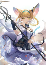 Rule 34 | 1girl, absurdres, animal ear fluff, animal ears, arknights, bare shoulders, black gloves, blonde hair, blue dress, blue hairband, braid, braided hair rings, breasts, closed mouth, dress, earpiece, fox ears, fox girl, frilled dress, frills, gloves, green eyes, gui mi, hair rings, hairband, highres, holding, holding staff, infection monitor (arknights), long hair, looking at viewer, multicolored hair, pantyhose, short sleeves, small breasts, smile, solo, staff, streaked hair, suzuran (arknights), thigh strap, white hair, white pantyhose