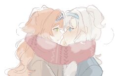 Rule 34 | 2girls, blonde hair, blue eyes, blue hairband, blush, blush visible through hair, checkered hairband, closed mouth, commentary, english commentary, green eyes, grey hair, hairband, highres, imminent kiss, jacket, long hair, looking at another, matilda bouanich, mittens, multiple girls, nelizx, orange hair, red scarf, reverse:1999, scarf, shared clothes, shared scarf, simple background, sonetto (reverse:1999), two side up, upper body, white background, white mittens, yuri
