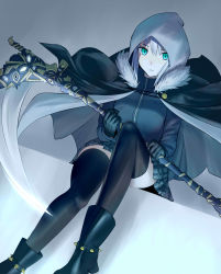 Rule 34 | 1girl, aqua eyes, black cape, black footwear, black gloves, black thighhighs, blunt bangs, boots, cape, dutch angle, fate (series), fur trim, gloves, gray (fate), grey background, hair between eyes, highres, holding, holding weapon, hood, jack-barro, long hair, lord el-melloi ii case files, miniskirt, parted lips, pleated, pleated skirt, scythe, simple background, sitting, skirt, solo, thighhighs, weapon, zettai ryouiki, zipper