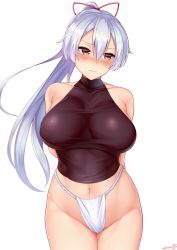 Rule 34 | 1girl, bad id, bad twitter id, blush, breasts, fate/grand order, fate (series), fundoshi, hair ribbon, halterneck, highres, japanese clothes, large breasts, long hair, midriff, navel, ponytail, red eyes, ribbon, silver hair, skin tight, sleeveless, tomoe gozen (fate), tomojo