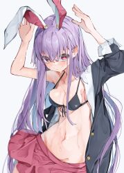 Rule 34 | 1girl, @ @, absurdres, animal ears, bikini, blush, breasts, cleavage, extra ears, grey background, groin, hair behind ear, hair between eyes, hands up, highres, jacket, long hair, looking at viewer, medium breasts, navel, open clothes, open jacket, pink skirt, purple hair, rabbit ears, rabbit pose, red eyes, reisen udongein inaba, simple background, skirt, smile, solo, sweat, swimsuit, touhou, tsune (tune), very long hair, wet, white background