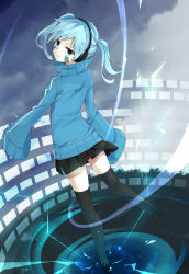 Rule 34 | 1girl, bad id, bad pixiv id, black skirt, black thighhighs, blue eyes, blue hair, blue sweater, ene (kagerou project), headphones, highres, kagerou project, matching hair/eyes, pleated skirt, short hair, skirt, solo, sweater, tama (05728), thighhighs