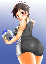 Rule 34 | 10s, 1girl, adahcm, ahoge, ass, bad id, bad pixiv id, ball, bare shoulders, black eyes, black hair, blush, breasts, brown hair, female focus, from behind, grey eyes, haikyuu!!, highres, holding, holding ball, huge ass, large breasts, looking at viewer, looking down, michimiya yui, shiny clothes, shiny skin, short hair, sideboob, solo, sportswear, standing, volleyball (object), volleyball uniform, wavy mouth
