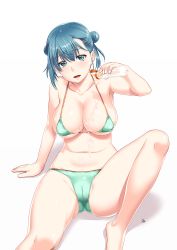 Rule 34 | 1girl, 212 (kisaragi), absurdres, arm support, bare shoulders, barefoot, bikini, blue eyes, blue hair, breasts, cameltoe, cleavage, collarbone, double bun, green bikini, halterneck, highres, large breasts, leg lift, looking at viewer, lotion, micro bikini, navel, original, parted lips, sexually suggestive, simple background, sitting, skindentation, smile, solo, string bikini, swimsuit, white background
