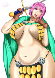 Rule 34 | 1girl, 2021, absurdres, armor, artist request, bare legs, bare shoulders, bikini armor, braid, breasts, cleavage, dated, highres, holding, holding sword, holding weapon, large breasts, lips, long hair, looking at viewer, navel, one piece, open mouth, pelvic curtain, pink hair, rebecca (one piece), revealing clothes, shiny skin, simple background, single braid, solo, sword, very long hair, weapon, white background, wide hips