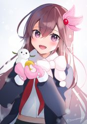 Rule 34 | 1girl, absurdres, black coat, blush, brown hair, coat, commentary request, gloves, hair between eyes, hair ornament, highres, holding, kantai collection, kisaragi (kancolle), long hair, long sleeves, looking at viewer, mittens, one-hour drawing challenge, open mouth, pink gloves, pink mittens, purple eyes, red neckwear, scarf, school uniform, serafuku, simple background, smile, snowman, solo, upper body, white background, white scarf, yunamaro