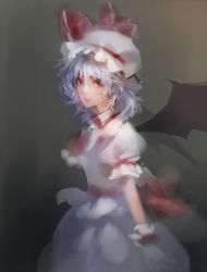 Rule 34 | 1girl, ascot, cowboy shot, gradient background, hat, light purple hair, looking at viewer, matsuda (matsukichi), messy hair, mob cap, puffy short sleeves, puffy sleeves, red ascot, red eyes, remilia scarlet, short sleeves, solo, standing, touhou, white hat, wings
