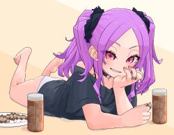 1girl absurdres barefoot black_shirt breasts choker cookie cup fate/grand_order fate_(series) food forehead grin hair_ornament hair_scrunchie highres jewelry long_hair looking_at_viewer lying niwaikanai on_stomach panties parted_bangs plate purple_eyes purple_hair ring scrunchie shirt short_sleeves sidelocks small_breasts smile solo twintails underwear white_panties wu_zetian_(fate)
