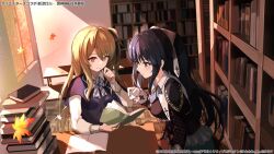 Rule 34 | 2girls, aqua skirt, arm on table, assault lily, autumn leaves, black hair, black jacket, black ribbon, black thighhighs, blurry, blurry background, book, book stack, bookshelf, bow, bowtie, breasts, brown hair, capelet, collared shirt, commentary request, cross print, desk, diagonal-striped bow, diagonal-striped bowtie, diagonal-striped clothes, evening, falling leaves, frilled skirt, frills, gloves, hair bow, hair ornament, hair ribbon, hand to own mouth, hand up, heterochromia, high ponytail, highres, holding, holding book, indoors, jacket, jewelry, kuo shenlin, leaf, light particles, light smile, long hair, long sleeves, looking at object, medium breasts, miniskirt, mugiusagi, multiple girls, official alternate costume, official alternate hairstyle, official art, one side up, open book, parted lips, pointing, ponytail, print bow, purple capelet, purple eyes, purple sweater vest, reading, red eyes, ribbon, ring, shade, shirai yuyu, shirt, sidelocks, sitting, skirt, striped, striped clothes, sweater vest, thighhighs, very long hair, watermark, white bow, white bowtie, white gloves, white shirt, window, yellow eyes