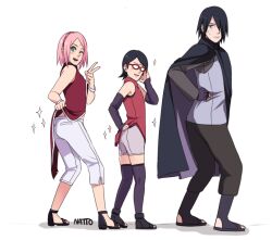 Rule 34 | adjusting eyewear, ass, black hair, blush, boruto: naruto next generations, cape, detached sleeves, family, father and daughter, fingerless gloves, forehead jewel, frown, gloves, green eyes, hand on own hip, haruno sakura, headband, looking at viewer, mother and daughter, multicolored clothes, narrowed eyes, naruto (series), nattouh, one eye closed, pink hair, red top, short hair, smile, spiked hair, sweatdrop, uchiha sarada, uchiha sasuke, unamused, v　sign, wink