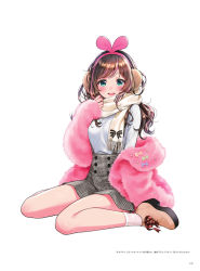 Rule 34 | 1girl, blush, brown hair, dress, earmuffs, full body, hairband, highres, jacket, kizuna ai, kizuna ai inc., lips, long hair, looking at viewer, morikura en, multicolored hair, off shoulder, official art, open mouth, page number, pink hair, pink hairband, pink jacket, ribbed sweater, scarf, shoes, short dress, simple background, sitting, socks, solo, sweater, virtual youtuber, wariza, white background, white socks