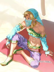 Rule 34 | 1boy, arabian clothes, arm support, artist name, bare shoulders, blonde hair, blue eyes, collarbone, crossdressing, day, detached sleeves, earrings, from side, gerudo set (zelda), green footwear, green nails, indesign, jewelry, link, long hair, male focus, mouth veil, nail polish, navel, nintendo, official alternate costume, outdoors, pointy ears, shoes, solo, stomach, the legend of zelda, the legend of zelda: breath of the wild, trap, veil