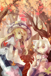 Rule 34 | 2girls, animal ears, bare shoulders, blonde hair, braid, capelet, chii (tsumami tsumamare), female focus, forest, hat, highres, inubashiri momiji, japanese clothes, kirisame marisa, leaf, long hair, maple leaf, multiple girls, mushroom, nature, no nose, open mouth, red eyes, ribbon, short hair, single braid, tail, touhou, tree, white hair, wide sleeves, witch hat, wolf ears, wolf tail, yellow eyes