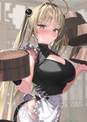 Rule 34 | 1girl, absurdres, ahoge, apron, aqua eyes, black dress, blush, breasts, brown hair, cleavage cutout, clothing cutout, dress, frills, highres, holding, kanzarin, large breasts, maid apron, original, rabbit tail, ribbon, solo, sweat, tail, twintails