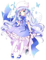 Rule 34 | 1girl, :o, adapted costume, animal hat, bad id, bad pixiv id, blue bow, blue eyes, blue footwear, blue hair, blue ribbon, blue skirt, blue vest, blush, bow, brooch, collared shirt, commentary request, flower, frilled skirt, frills, full body, gloves, gochuumon wa usagi desu ka?, hair ornament, hat, head tilt, highres, holding, holding spoon, holding wand, jewelry, kafuu chino, layered skirt, long hair, looking at viewer, magical girl, mary janes, pantyhose, parted lips, plant, puffy short sleeves, puffy sleeves, rabbit hat, ribbon, ringlets, shirt, shoes, short sleeves, skirt, solo, spoon, standing, tsukiyo (skymint), twintails, very long hair, vest, wand, white gloves, white pantyhose, white shirt, x hair ornament