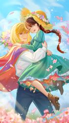 Rule 34 | 1boy, 1girl, absurdres, blonde hair, blue eyes, blue sky, bouquet, braid, brown hair, cape, couple, cowboy shot, dress, flower, frilled dress, frills, full body, green dress, hand on another&#039;s shoulder, hat, head wreath, highres, holding, holding bouquet, howl (howl no ugoku shiro), howl no ugoku shiro, hug, laomengfen, long hair, long sleeves, looking at viewer, medium hair, open mouth, puffy sleeves, red cape, shirt, signature, sky, smile, sophie (howl no ugoku shiro), straw hat, studio ghibli, sun hat, teeth, too many flowers, white shirt, yellow eyes