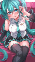 Rule 34 | 1girl, aqua eyes, aqua hair, aqua nails, aqua necktie, arm support, bare shoulders, black footwear, black skirt, black sleeves, blush, boots, breasts, commentary, couch, crossed bangs, detached sleeves, english commentary, fingernails, grey shirt, hair between eyes, hair ornament, hand up, hatsune miku, highres, inue ao, large breasts, light particles, long hair, looking up, nail polish, necktie, on couch, parted lips, pleated skirt, shirt, sitting, skindentation, skirt, sleeveless, sleeveless shirt, solo, thigh boots, thighhighs, thighs, tie clip, twintails, very long hair, vocaloid, zettai ryouiki
