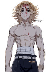 Rule 34 | 1boy, abs, bandages, belt, black eyes, blonde hair, blood, commentary request, cowboy shot, empty eyes, looking at viewer, male focus, nori20170709, sano manjirou, simple background, solo, tokyo revengers, tongue, tongue out, topless male, white background