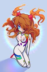 Rule 34 | 1girl, artist name, blue eyes, bodysuit, commentary, dated, english commentary, evangelion: 3.0+1.0 thrice upon a time, eyepatch, floating hair, grin, interface headset, long hair, looking at viewer, neon genesis evangelion, plugsuit, rebuild of evangelion, red hair, seiza, shadow, sitting, smile, solo, souryuu asuka langley, uniworu, white bodysuit