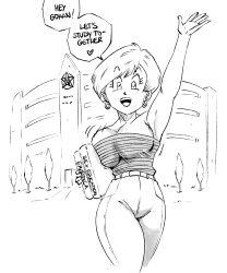 Rule 34 | 1girl, arm up, book, breasts, building, cleavage, cowboy shot, cropped legs, denim, dragon ball, dragonball z, earrings, english text, funsexydb, greyscale, highres, holding, holding book, erasa (dragon ball), jeans, jewelry, large breasts, monochrome, motion lines, open mouth, pants, raised eyebrows, school, short hair, smile, solo, strapless, tree, tube top, waving