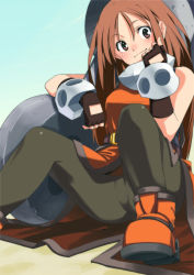 Rule 34 | 1girl, aiba-tsukiko, anchor, arc system works, boots, brown eyes, brown hair, fingerless gloves, gloves, guilty gear, may (guilty gear), orange shirt, pantyhose, shirt, sitting, solo