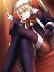 Rule 34 | &gt;:(, 1girl, alternate costume, amino (tn7135), artoria pendragon (all), artoria pendragon (fate), bad id, bad pixiv id, black footwear, black gloves, black pantyhose, black santa costume, blonde hair, boots, bow, bowtie, commentary request, fate/stay night, fate (series), frown, fur-trimmed boots, fur boots, fur trim, gloves, hair ribbon, hat, looking at viewer, pantyhose, ribbon, saber (fate), saber alter, santa alter, santa costume, santa hat, short hair, solo, thigh boots, thighhighs, tsurime, v-shaped eyebrows, yellow eyes