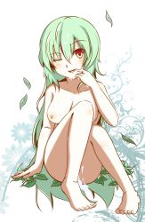 Rule 34 | breasts, cum, green hair, highres, kazami yuuka, kazami yuuka (pc-98), leaf, long hair, nude, simple background, touhou