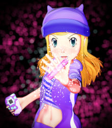 Rule 34 | 1girl, absurdres, blonde hair, digimon, digimon frontier, digivice, green eyes, hat, highres, looking at viewer, navel, open mouth, orimoto izumi, purple skirt, purple vest, shirt, skirt, solo, striped clothes, striped shirt, vest