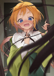 Rule 34 | 1girl, @ @, absurdres, ahoge, black ribbon, blonde hair, blue eyes, blurry, blush, collared shirt, commentary request, depth of field, embarrassed, fingernails, flying sweatdrops, green kimono, hair between eyes, highres, indoors, japanese clothes, kimono, kootee-on, long fingernails, long hair, looking at viewer, low ponytail, mole, mole under eye, natsume nono, neck ribbon, nose blush, off shoulder, open mouth, ribbon, shirt, short eyebrows, solo, sweat, upper body, urara meirochou, v-shaped eyebrows, very long hair, wavy mouth, white shirt