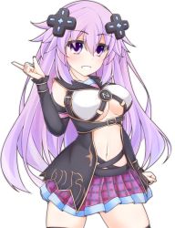 Rule 34 | 1girl, absurdres, adult neptune, amoti moti, bare shoulders, breasts, dress, frown, hair ornament, hairclip, highres, jacket, large breasts, long hair, neptune (neptunia), neptune (series), purple eyes, purple hair, skirt, thighs, underboob, vest