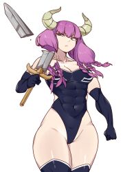 Rule 34 | 1girl, abs, alternate muscle size, aura (sousou no frieren), aura bullying (meme), bare shoulders, black gloves, black leotard, blue eyes, braid, breasts, broad shoulders, broken, broken weapon, cleavage, collarbone, covered navel, cowboy shot, cropped legs, cutting hair, cutting own hair, demon girl, demon horns, elbow gloves, gloves, half-closed eye, hanzo (2929), holding, holding weapon, horns, leotard, long hair, medium breasts, muscular, muscular female, purple hair, simple background, sleeveless, solo, sousou no frieren, standing, sword, weapon, white background, wide hips