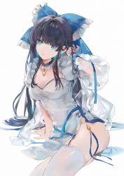 Rule 34 | 1girl, absurdres, alternate color, arm up, black choker, black hair, blue bow, blue eyes, bow, breasts, china dress, chinese clothes, choker, closed mouth, crystal, detached sleeves, dress, hair between eyes, hakurei reimu, hand up, highres, jewelry, kita (kitairoha), long hair, long sleeves, looking to the side, medium breasts, no panties, player 2, puffy short sleeves, puffy sleeves, short sleeves, simple background, sitting, solo, teeth, thighhighs, touhou, white background, white bow, white dress, white thighhighs, wide sleeves