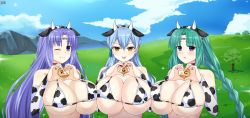 Rule 34 | 3girls, animal print, aqua hair, bell, bikini, blue hair, braid, breast press, breasts, canal vorfeed, cardfight!! vanguard, chinese zodiac, cleavage, closed mouth, collarbone, commission, cow girl, cow horns, cow print, cowbell, crossover, dimension252525, elbow gloves, embarrassed, facial mark, forehead mark, gillian chen, gloves, happy, heart, heart hands, horns, huge breasts, lewdkuma, long hair, looking at viewer, lost universe, low twintails, multiple girls, open mouth, original, outdoors, purple eyes, purple hair, reverie vorfeed, sidelocks, swimsuit, symmetrical docking, tongue, tongue out, twin braids, twintails, upper body, year of the ox, yellow eyes