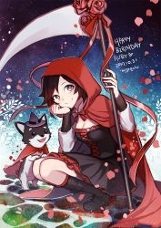 Rule 34 | 1girl, bad id, bad twitter id, birthday, breasts, cleavage, cloak, commentary request, corset, dated, dog, ecru, english text, flower, halloween, halloween costume, hat, hood, hooded cloak, night, night sky, red eyes, rose, ruby rose, rwby, scythe, grey eyes, sky, star (sky), starry sky, welsh corgi, witch hat, zwei (rwby)