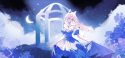 Rule 34 | 1girl, absurdres, animal ears, bare shoulders, blue eyes, cat ears, detached sleeves, dress, earrings, grey hair, highres, holding, holding clothes, holding dress, jewelry, light smile, long hair, looking at viewer, low-tied long hair, moon, moonlight, off-shoulder dress, off shoulder, pu yo yo, sky: children of the light, solo, tassel, tassel earrings, teth (sky: children of the light), upper body