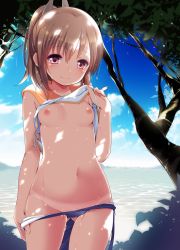 Rule 34 | 10s, 1girl, bad id, bad twitter id, blue sky, blush, breasts, brown eyes, brown hair, clothes lift, cloud, collarbone, cowboy shot, dappled sunlight, day, fujisaki hikari, groin, hair between eyes, highres, i-401 (kancolle), kantai collection, leaf, looking at viewer, midriff, navel, nipples, ocean, one-piece swimsuit, outdoors, plant, ponytail, sailor collar, school swimsuit, school uniform, shirt, shirt lift, short hair, short ponytail, sky, small breasts, smile, solo, standing, sunlight, swimsuit, swimsuit under clothes, tan, tanline, tree, under tree, undressing, water