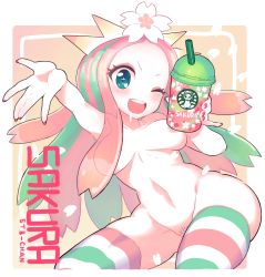 Rule 34 | &gt;:d, 1girl, :d, blue eyes, blush, breasts, cherry blossoms, colored skin, commentary, convenient censoring, crown, cup, disposable cup, female pubic hair, flower, flower on head, gashi-gashi, green hair, long hair, multicolored hair, nail polish, navel, nude, one eye closed, open mouth, pink hair, pink skin, product girl, pubic hair, red nails, saliva, see-through, smile, solo, starbucks, starbucks siren, stb-chan, striped clothes, striped thighhighs, teeth, thighhighs, v-shaped eyebrows
