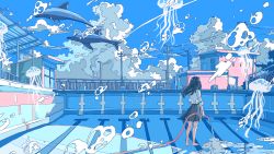 Rule 34 | 1girl, black hair, black skirt, blue sky, building, cloud, cloudy sky, dolphin, empty pool, fence, from behind, highres, ichigoame, jellyfish, long hair, long sleeves, original, outdoors, pool, shadow, shirt, skirt, sky, solo, standing, tree, water, white shirt, wide shot